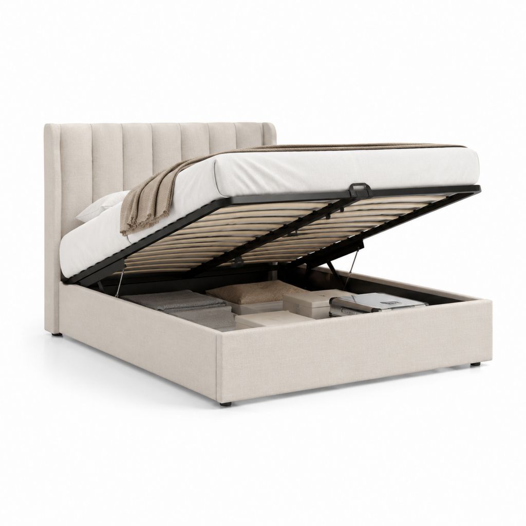 Letto contenitore matrimoniale beige in poliestere rettangolare 160 x 200 cm