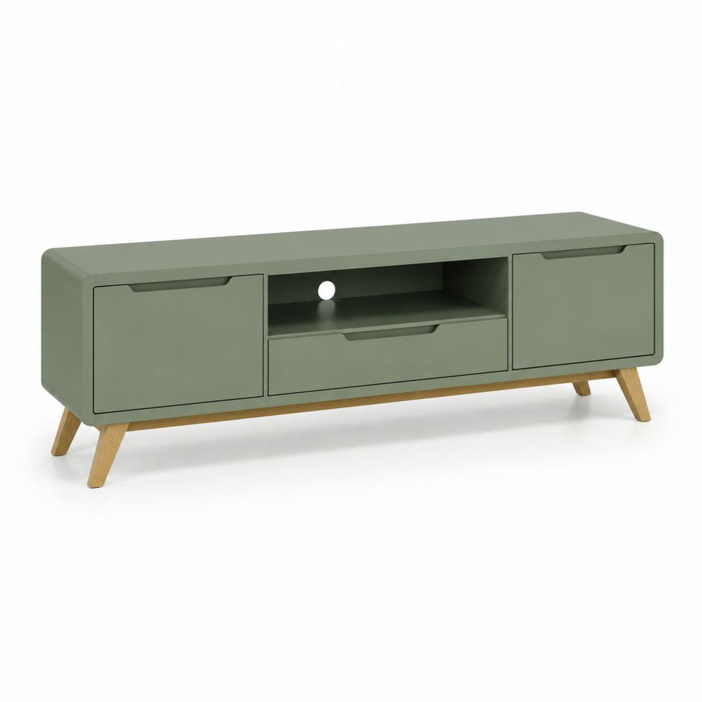 Mobile TV verde salvia in MDF e legno massello 160 x 40 x 55 cm con 2 ante e cassetto