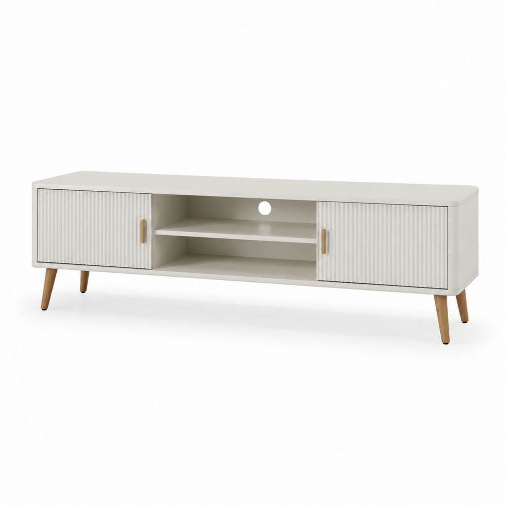 Mobile TV bianco in MDF con ante scorrevoli e gambe in legno massello 160 x 40 x 55 cm