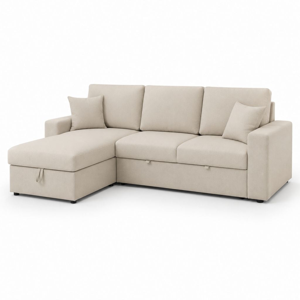 Divano letto angolare beige in poliestere con contenitore 230 x 145 x 85 cm
