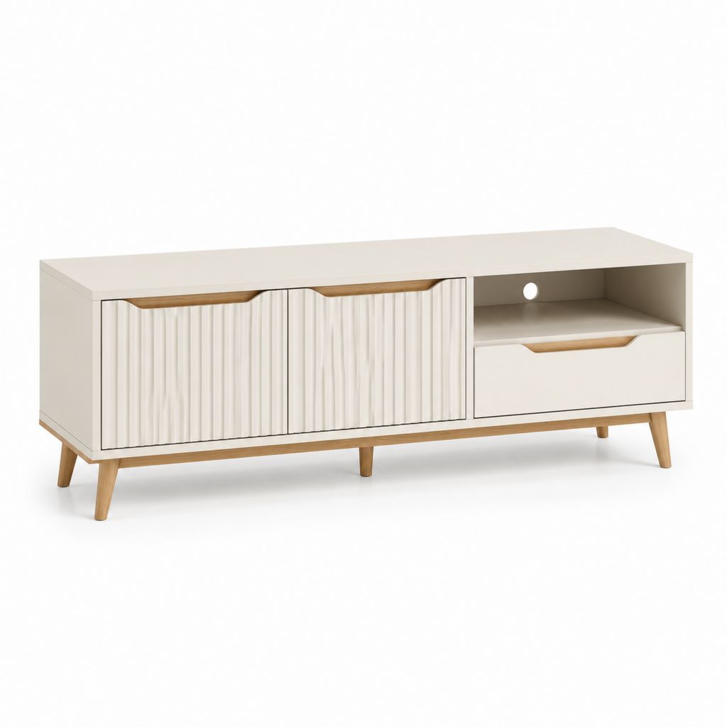 Mobile TV bianco e rovere in MDF con 2 ante 1 cassetto e vano aperto 140 x 40 x 65 cm