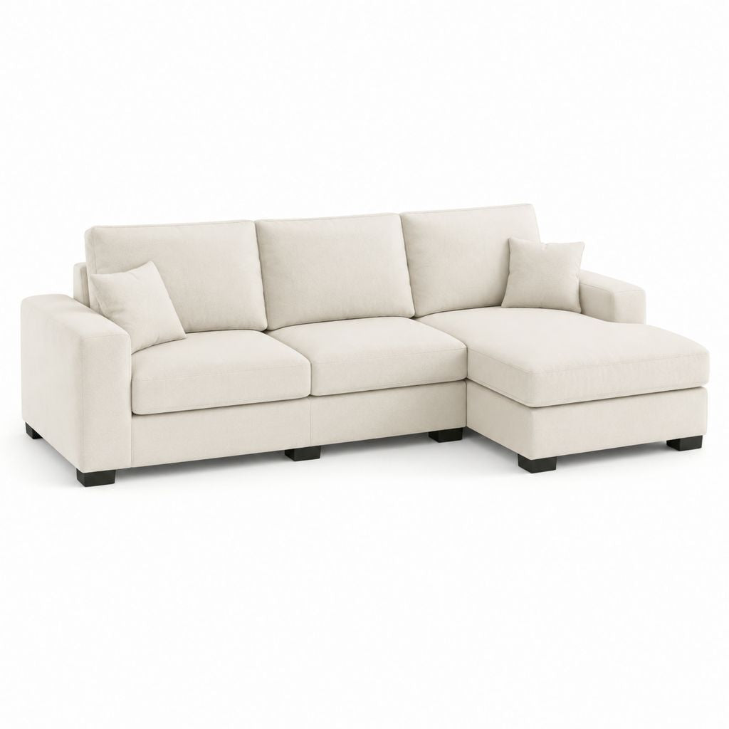 Divano angolare con chaise longue destra bianco crema in poliestere 260 x 160 x 85 cm