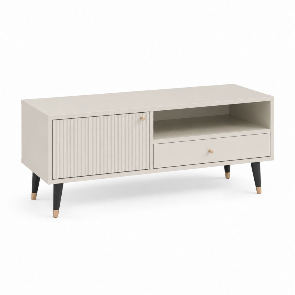 Mobile TV beige in pannello truciolare 120 x 40 x 60 cm con anta scorrevole cassetto e vano aperto