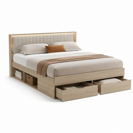 Letto contenitore matrimoniale con cassetti rovere chiaro e beige in MDF e poliestere 160 x 200 cm
