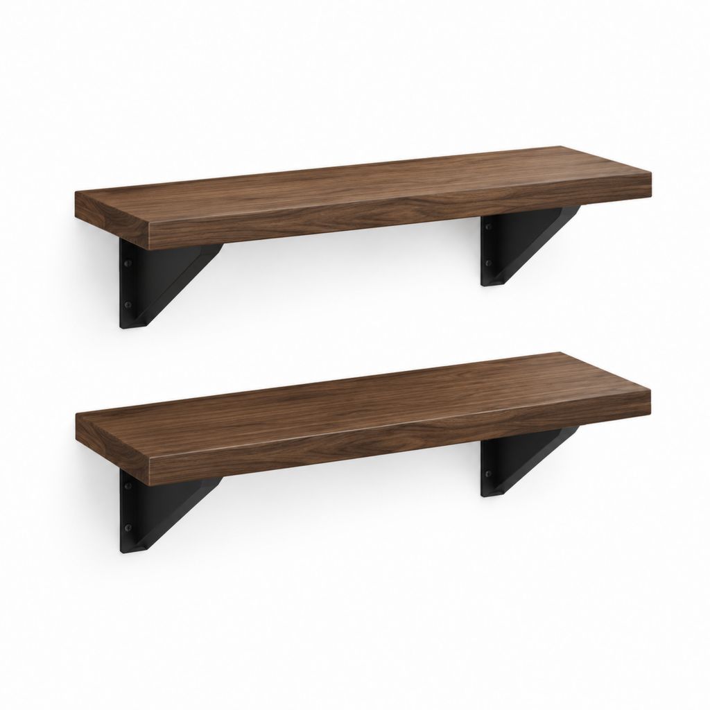 Set 2 Mensole da Parete Noce in Truciolare Melaminico con Staffe in Acciaio 60 x 20 x 18 cm