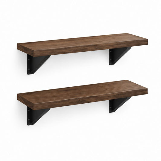Set 2 Mensole da Parete Noce in Truciolare Melaminico con Staffe in Acciaio 60 x 20 x 18 cm