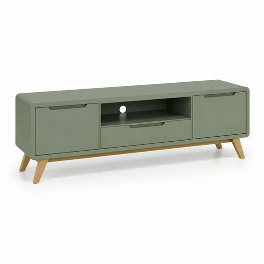 Mobile TV verde salvia in MDF e legno massello 160 x 40 x 55 cm con 2 ante e cassetto