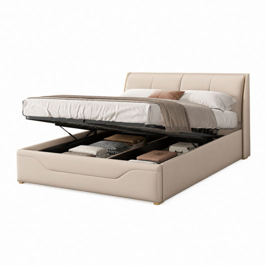 Letto contenitore matrimoniale beige in PU 160 x 200 cm con sollevamento a gas