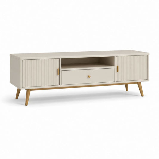 Mobile TV basso bianco in MDF con gambe in legno massello 160 x 40 x 60 cm