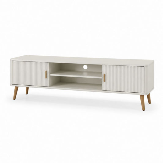 Mobile TV bianco in MDF con ante scorrevoli e gambe in legno massello 160 x 40 x 55 cm