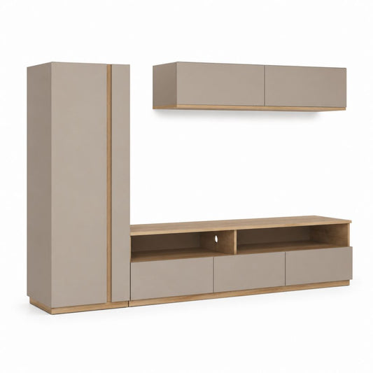 Parete attrezzata TV rettangolare tortora e rovere in pannelli MDF 300 x 40 x 200 cm
