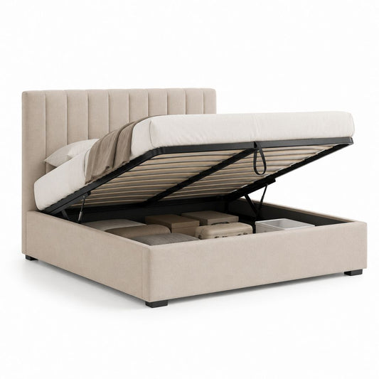 Letto contenitore matrimoniale beige in poliestere 160 x 200 cm