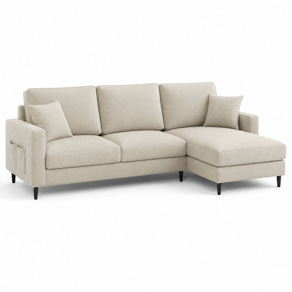 Divano angolare reversibile beige in poliestere con chaise longue 250 x 160 x 85 cm