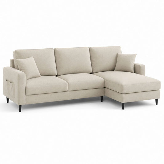Divano angolare reversibile beige in poliestere con chaise longue 250 x 160 x 85 cm