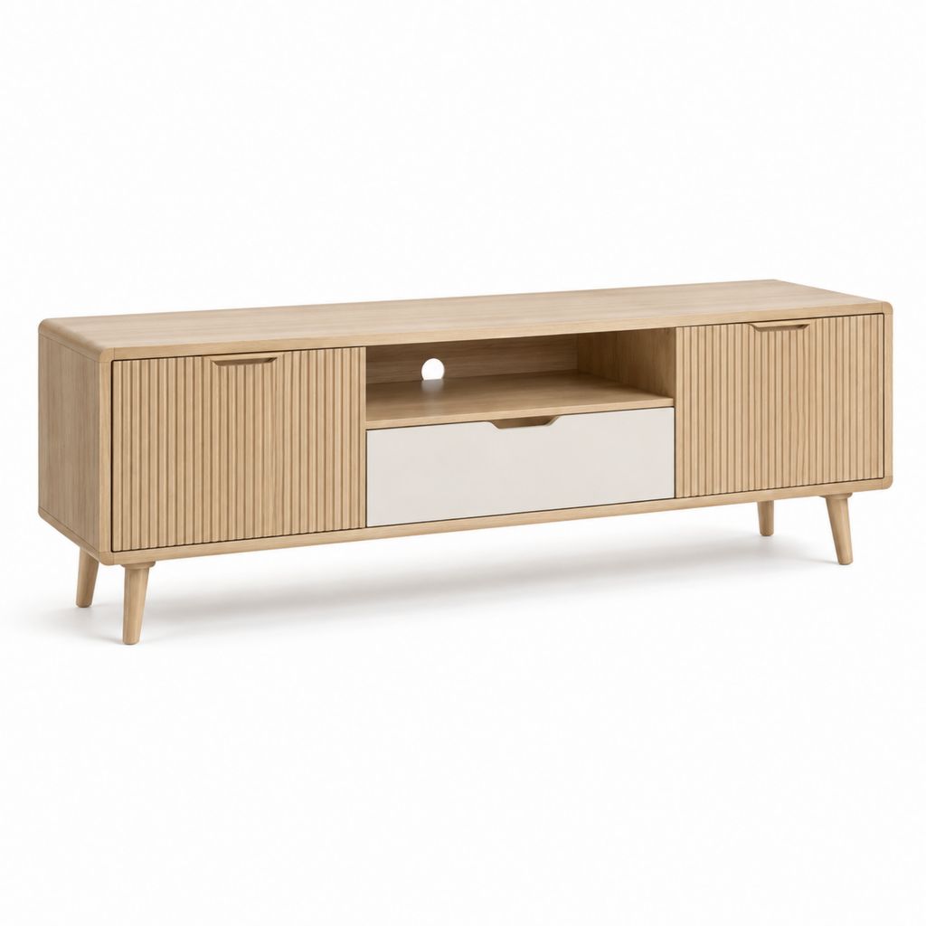 Mobile TV rovere chiaro in pannello truciolare 160 x 40 x 60 cm con 2 ante e cassetto