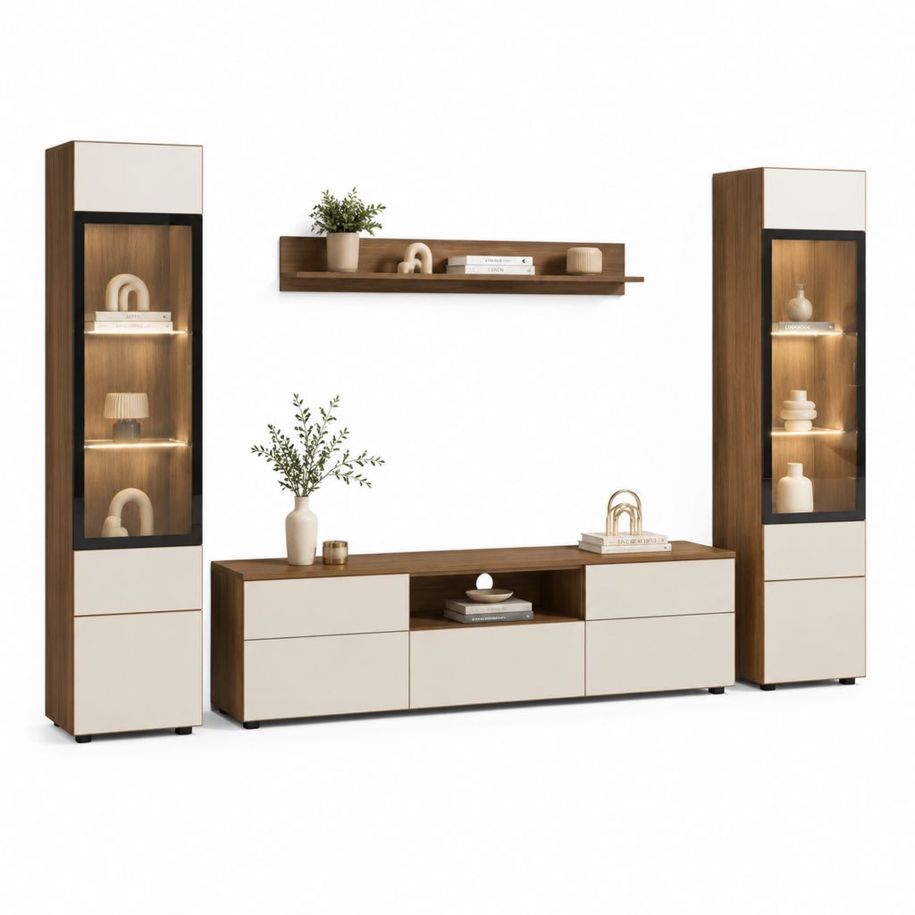 Parete attrezzata TV 4 pezzi rovere noce e bianco crema in pannello truciolare nobilitato 280 x 40 x 190 cm