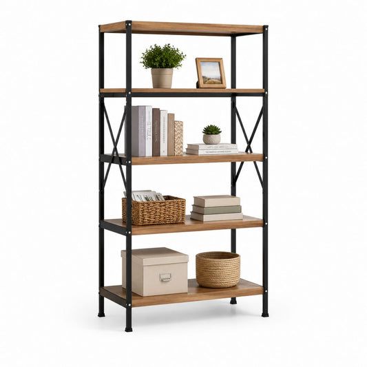 Scaffale libreria a 5 ripiani marrone e nero in pannello truciolare e acciaio 90 x 35 x 180 cm