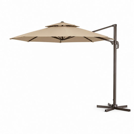 Ombrellone da giardino a braccio laterale beige e marrone in poliestere ottagonale Ø300 x H245 cm