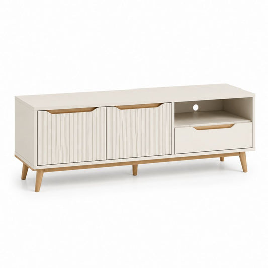 Mobile TV bianco e rovere in MDF con 2 ante 1 cassetto e vano aperto 140 x 40 x 65 cm