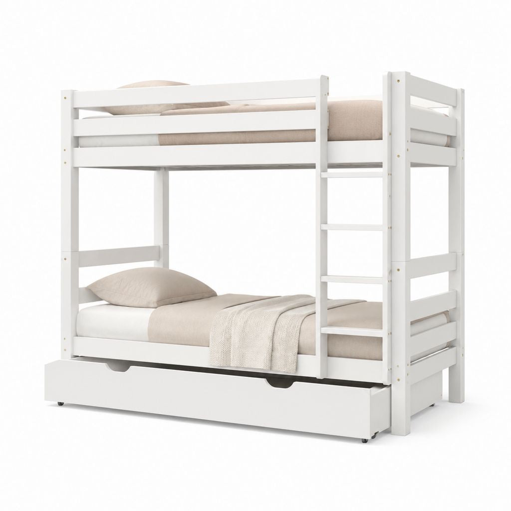 Letto a castello per bambini bianco in legno massello di pino 90 x 200 cm con cassetto contenitore