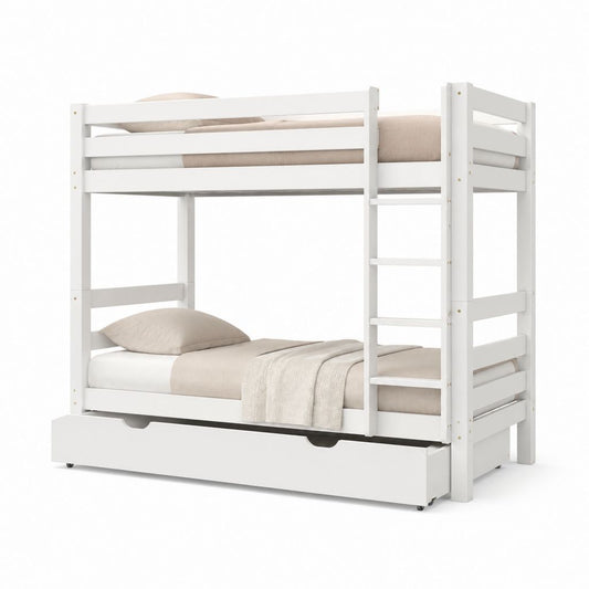 Letto a castello per bambini bianco in legno massello di pino 90 x 200 cm con cassetto contenitore