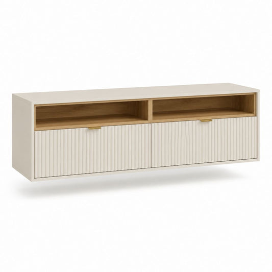 Mobile TV basso bianco e rovere in pannello truciolare con 2 ante e 2 vani 160 x 40 x 60 cm
