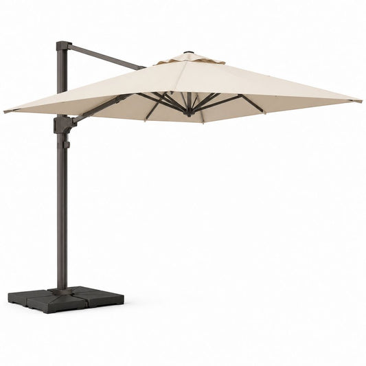 Ombrellone da giardino a braccio laterale beige in poliestere e alluminio quadrato 300 x 300 cm altezza 250 cm con base a 4 pesi