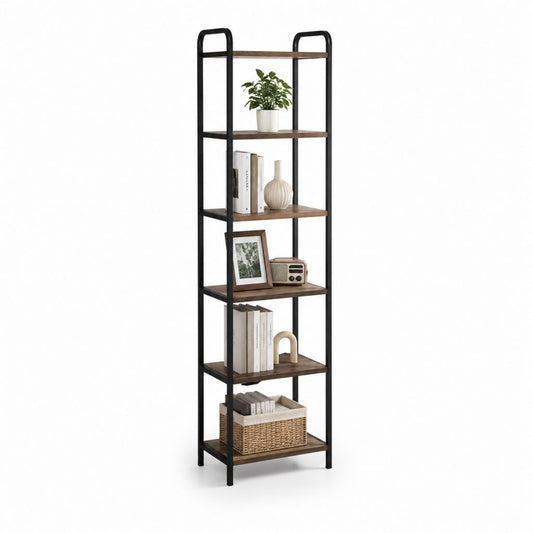 Scaffale libreria a pavimento 6 ripiani rettangolare nero e marrone in acciaio e pannelli truciolari 60 x 30 x 180 cm