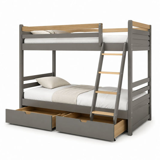 Letto a castello per bambini grigio e naturale in pino massello 90 x 200 cm con scala e 2 cassetti