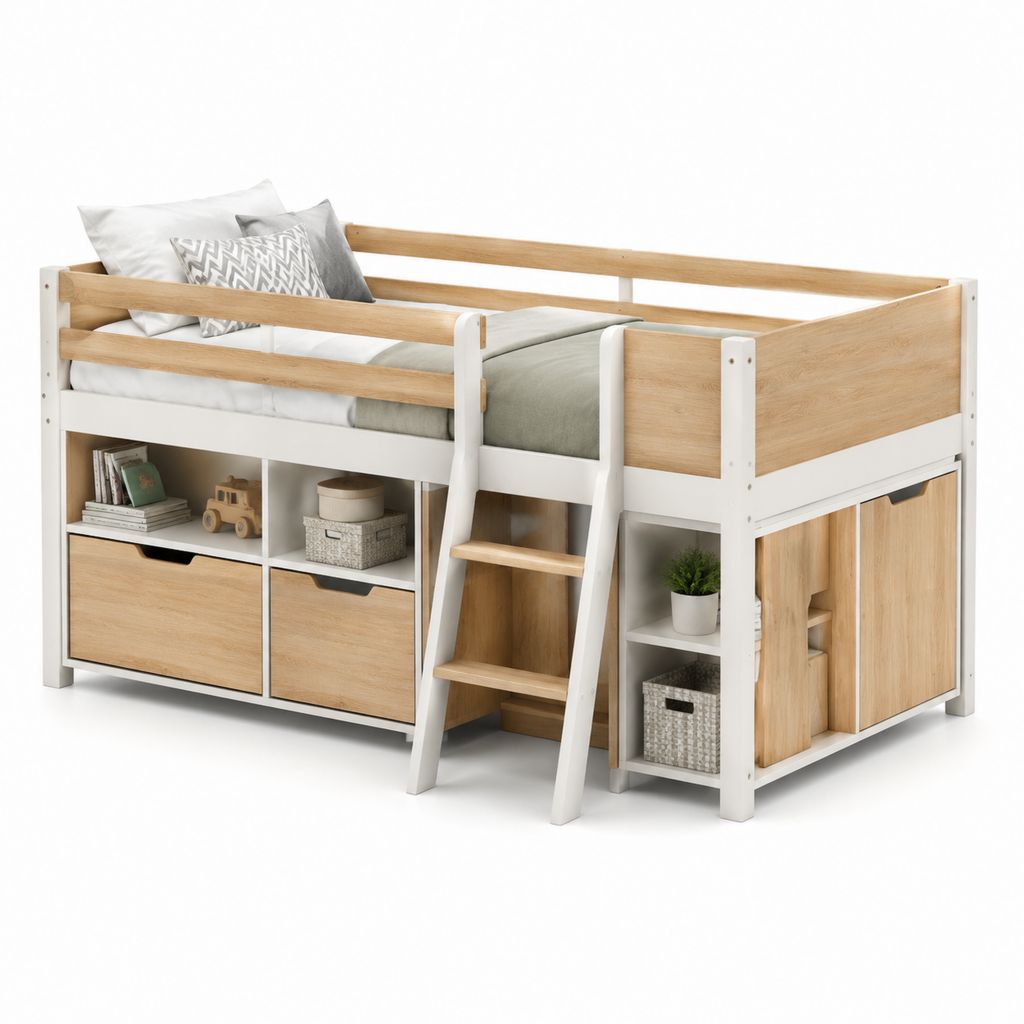 Letto a soppalco per bambini con contenitore bianco e naturale in pino massello 90 x 200 cm